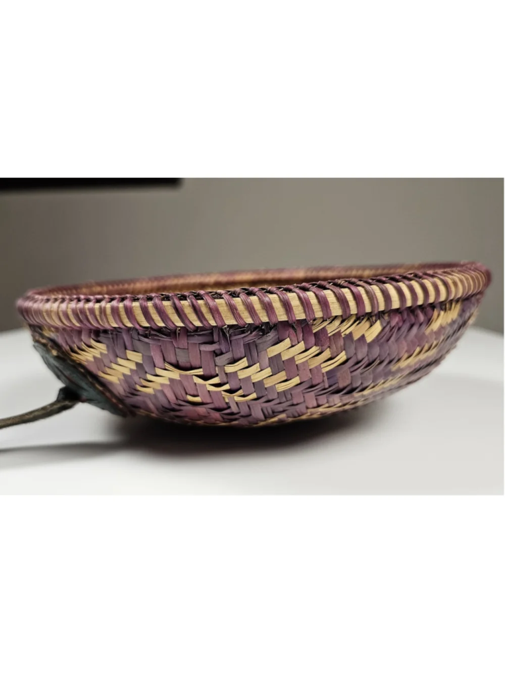 Vintage Hand-Coiled Southwestern Decorative Basket Bowl with Leather Medallion
